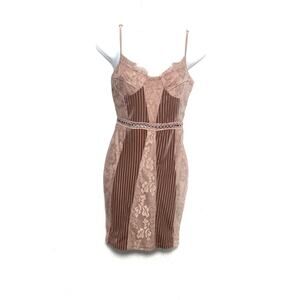 PrettyLittleThing Nude Lace Panel Mini Dress Spaghetti Strap Bodycon Party